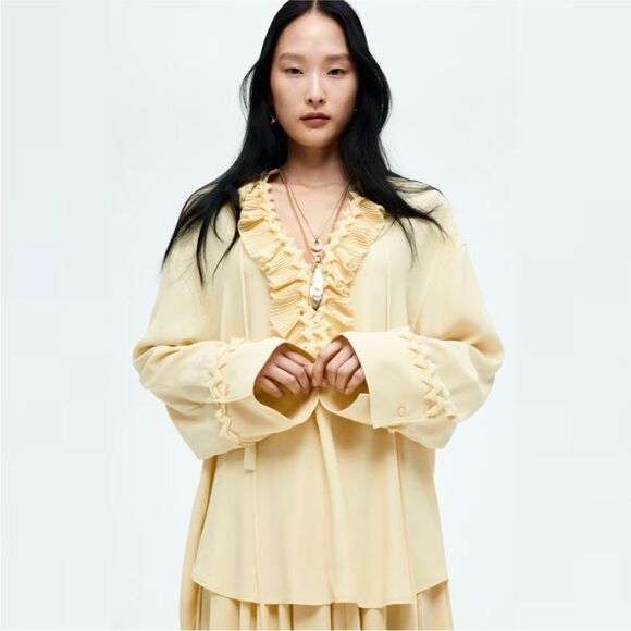 H&M Edition S/S 2025 Ruffled Pale Yellow Tunic Blouse Limited Edition - Picture 3 of 11